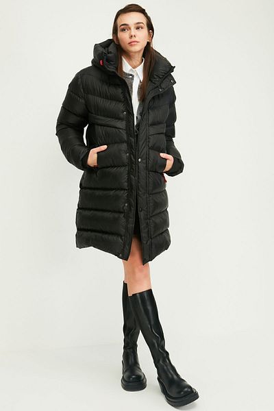 QAWWA Schwarzer, aufblasbarer, winddichter, langer Winterparka-Mantel mit Kapuze
