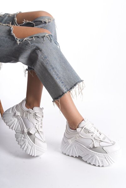 Limeo Λευκό δέρμα με κορδόνια με ψηλή σόλα Casual γυναικεία αθλητικά παπούτσια