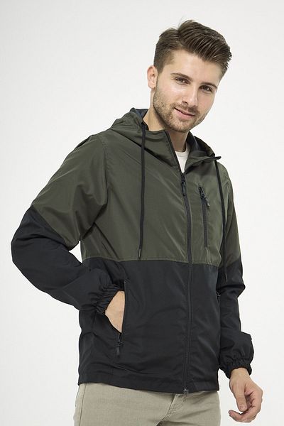 Fuga Ibiza Men's Black-Khaki Two-Color Lined Windproof Hooded Raincoat with Pocket