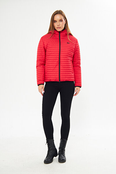 D1fference Piros bélésű női kabát - vízálló kapucnival és zsebekkel