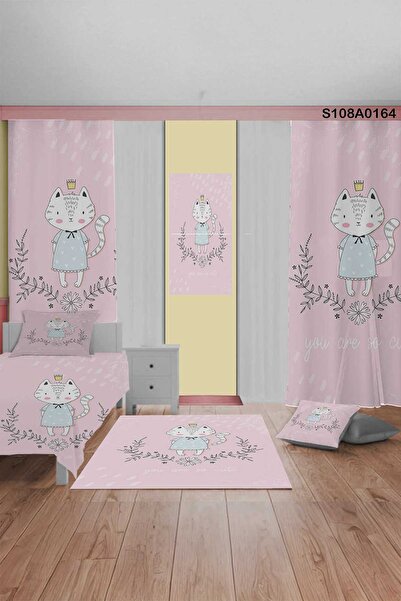 A2ZTR Pembe Kedi Oda Takımı, Yatak Örtüsü, Perde Çift Taraf, Yastık, Kırlent,...