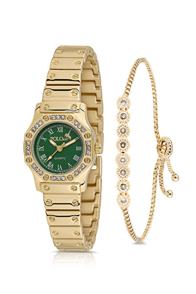 Polo Air Vintage Kadın Kol Saati Zirkon Taşlı Su Yolu Bileklik Kombin Gold Ye...