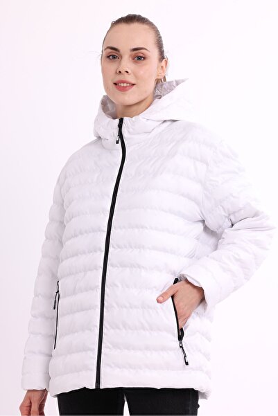 QAWWA White Lightweight Windproof Sports Coat with Portable Bag - Warm Holder Filling