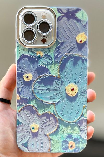 Vip Case iPhone 15 Pro نمط الأزهار حماية ذاتية للعدسة طلاء كهربائي لامع أنيق ثلاثي الأبعاد