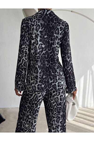 ZF BUTİK Leopard Patterned Lace up Shirt Set