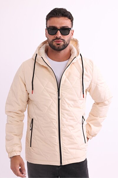 RİVERCLUP Erkek Bej Içi Astarlı Rüzgara Dayanıklı Kapüşonlu Mont