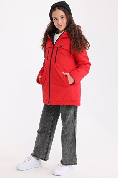 QAWWA Kız Çocuk Kırmızı Elyaflı Kapüşonlu Rüzgar Geçirmez Kışlık Mont Parka