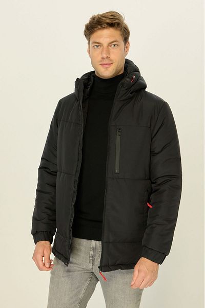 RİVERCLUP Men's Black Fiber Hooded Windproof Puffer Winter Jacket