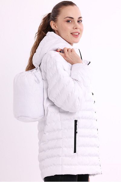 QAWWA White Lightweight Windproof Sports Coat with Portable Bag - Warm Holder Filling