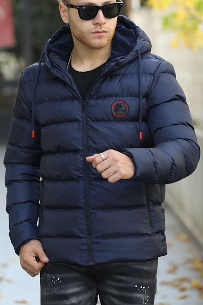 D1fference Pánský zimní nafukovací sportovní kabát s kapucí a silnou podšívkou v tmavě modré barvě