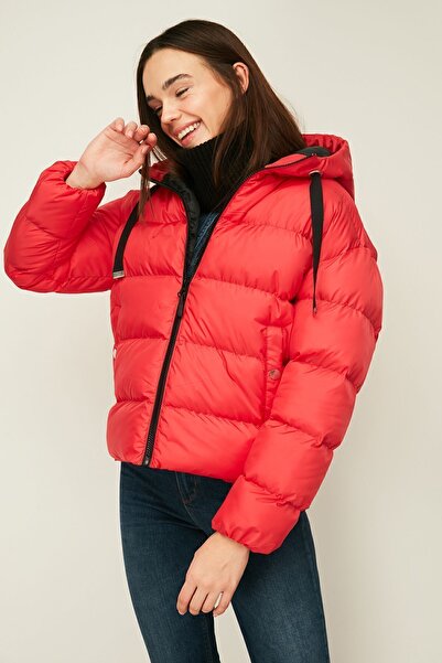 QAWWA Women's Red Hooded Fiber Windproof Puffer Winter Jacket