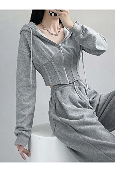 BALİNA Gri Korse Kesim Uzun Kollu Kapüşonlu Gri Bol Kesim Relaxed Eşofman Takımı