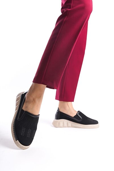 Limeo Black Suede Hole Detailed Side Elastic High Sole Daily Women's Casual Sports Shoes