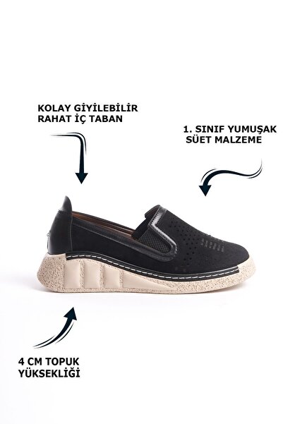 Limeo Black Suede Hole Detailed Side Elastic High Sole Daily Women's Casual Sports Shoes