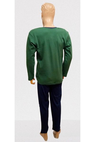 Mefa Pijama بدلة بيجامة رجالية باللون الأخضر والأزرق الداكن 100% قطن 3 أزرار