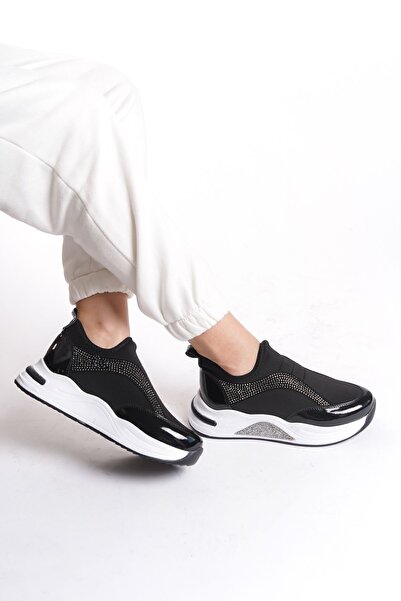 Limeo Black Side Shiny Stone Detailed Soft Comfortable High-Sole Sneaker Women's Sports Shoes