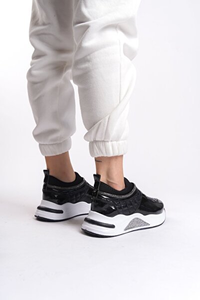 Limeo Black Ankle Stoned Stripe Detailed Soft Comfortable High Sole Sneakers Women's Sports Shoes