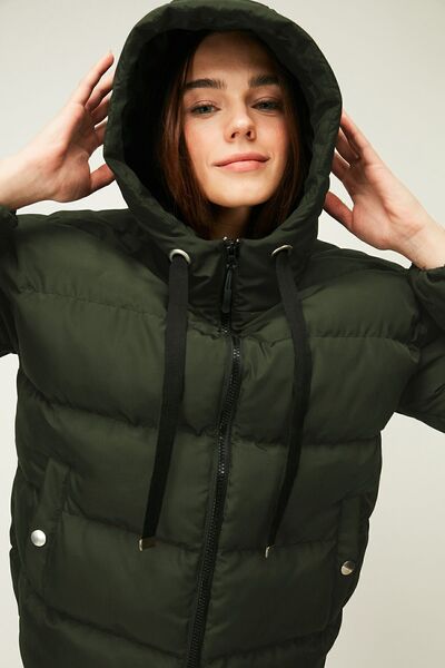 QAWWA Γυναικείο χειμωνιάτικο παλτό με κουκούλα από ίνες χακί, αντιανεμικό