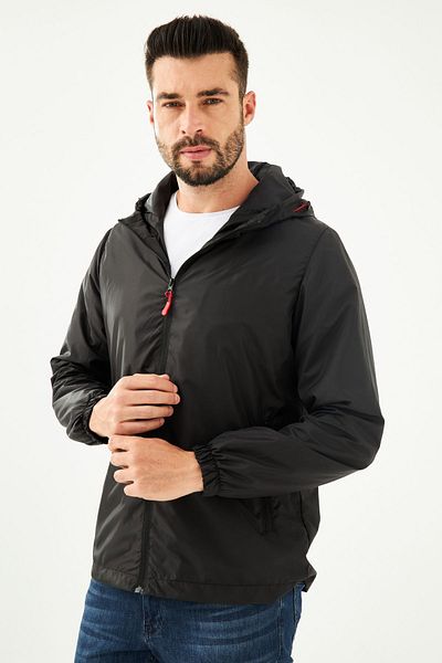 Fuga Ibiza Men's Black Lined Windproof Hooded Pocketed Raincoat