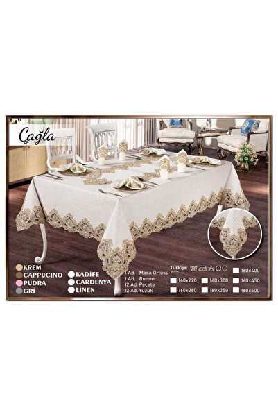 Çt Çeyizci Tekstil Linen Cream Dining Set - 12 Persons, 26 Pieces, French Lace Tablecloth