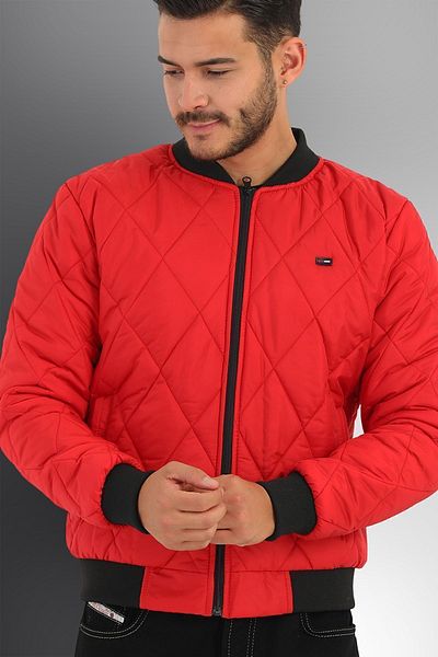 D1fference Red Men's Sports Jacket - College Collar, Water and Windproof, Quilted Pattern, Fiber Filled