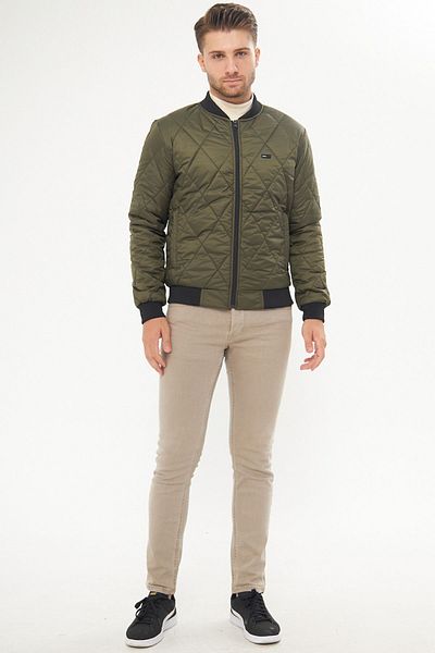 QAWWA Men's Khaki College Collar Water and Windproof Quilted Patterned Fiber Padded Coat
