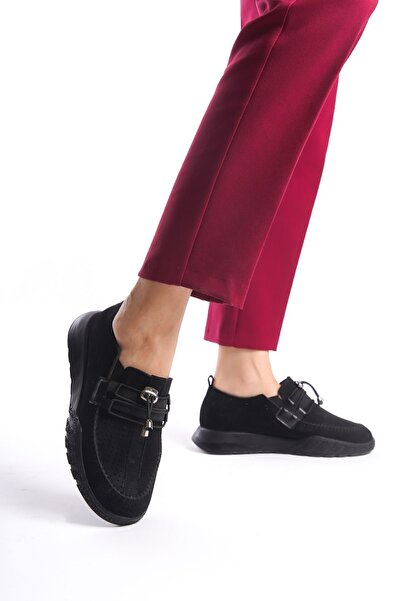 Limeo Black Suede Perforated Lace Detailed Medium High Sole Daily Women's Casual Sports Shoes