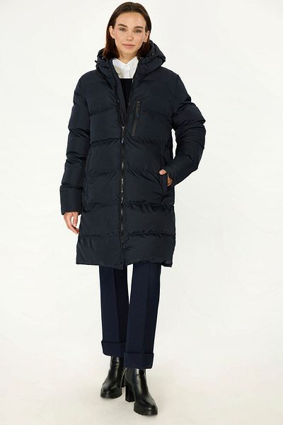 QAWWA Women's Hooded Windproof Navy Blue Inflatable Long Winter Coat Parka Coat