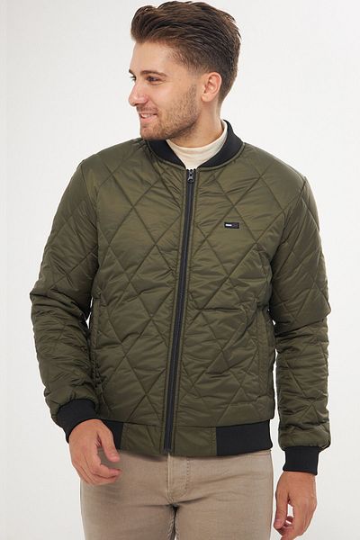 QAWWA Men's Khaki College Collar Water and Windproof Quilted Patterned Fiber Padded Coat