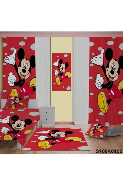A2ZTR Kırmızı Mickey Mouse Desenli Yatak Örtüsü, Perde Çift taraf, Yastık, Kırlent, Halı Ve Tablo