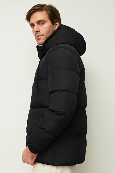 QAWWA Ανδρικό χειμερινό παλτό με μαύρη χοντρή επένδυση με κουκούλα νερού και αντιανεμικό