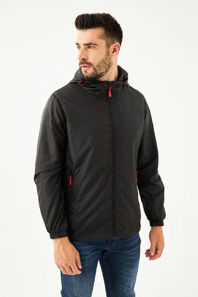 Fuga Ibiza Men's Black Lined Windproof Hooded Pocketed Raincoat