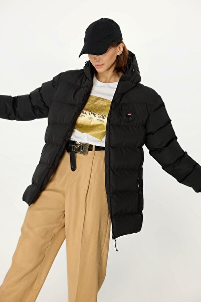 QAWWA Γυναικείο μαύρο αντιανεμικό χειμωνιάτικο παλτό