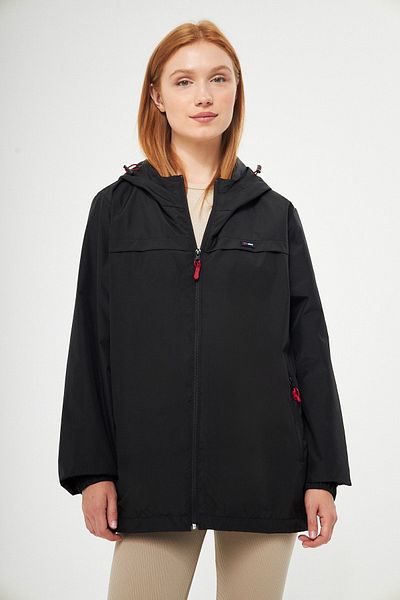 QAWWA Schwarzer wasserdichter, mit Kapuze gefütterter Regenmantel für Damen mit Taschen – Windjacke