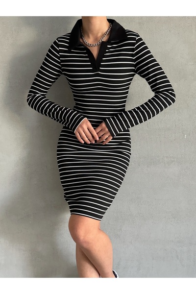 BEJNA Μαύρο πόλο λαιμό ριγέ ελαστικό πλεκτό φόρεμα - μακρυμάνικο