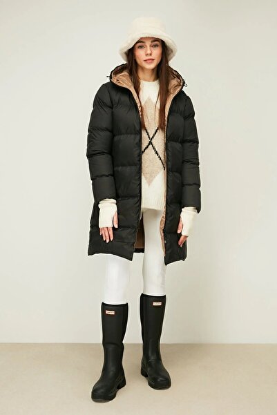 QAWWA Dámská dlouhá zimní bunda s kapucí a kapucí z černého vlákna