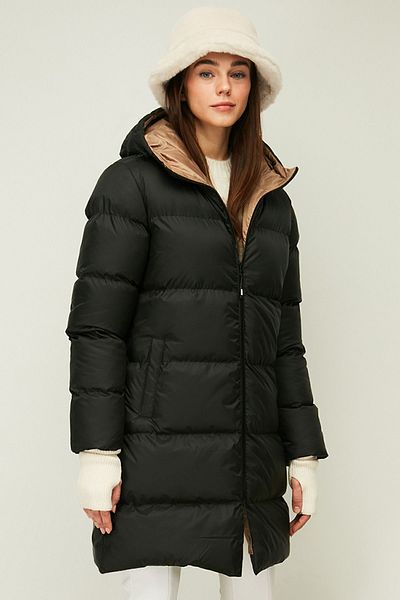 QAWWA Damen-Wintermantel aus schwarzer Faser mit Kapuze, winddicht, lang, aufblasbar