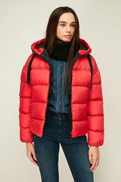 QAWWA Women's Red Hooded Fiber Windproof Puffer Winter Jacket