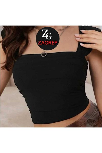 Zagrep Women's Black Crop Bustier Gathered Draped Sleeves Silk Jersey Crop Bustier