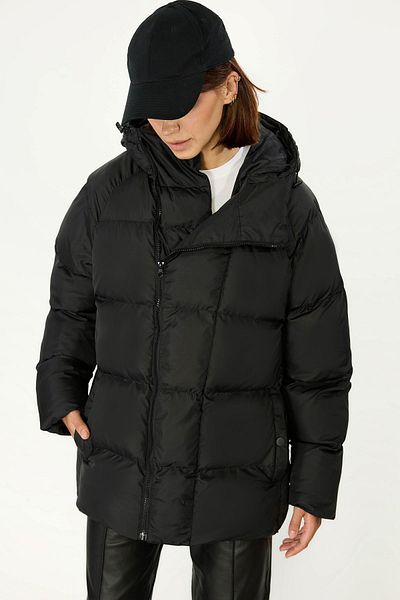 QAWWA Damen-Wintermantel aus schwarzer Faser mit Kapuze, winddicht, aufblasbar