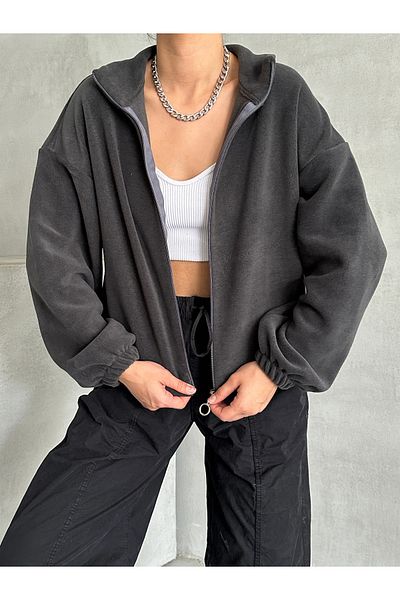 BEJNA Anthracite Women's Fleece Cardigan - Zippered and Adjustable Elastic