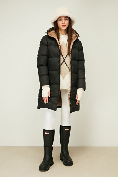 QAWWA Dámská dlouhá zimní bunda s kapucí a kapucí z černého vlákna