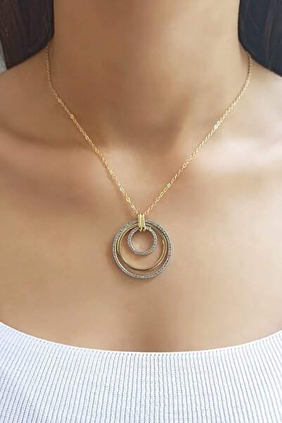 Luxe Loom Kadın Gold & Gümüş Renk Zirkon Taşlı Iç Içe Halkalar Şık Kolye