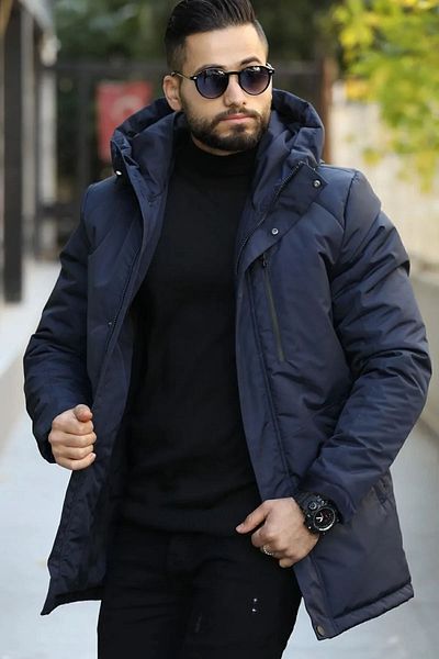 D1fference Palton și parka groase de iarnă cu glugă, căptușită cu albastru bleumarin pentru bărbați