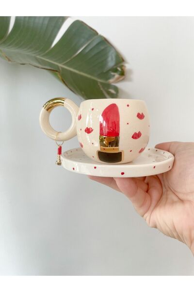 Mugtasarım 24K Gold Gilded Double Lipstick Handmade Ceramic Turkish Coffee Cup