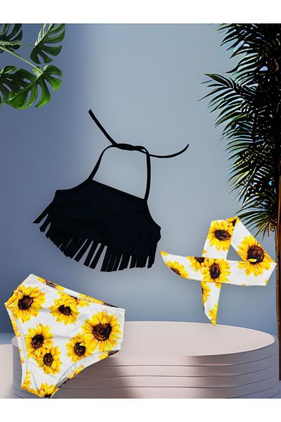 Lolliboomkids Girl's Tasseled Bikini Set High Waist Sunflower Sunflower Pattern 3-Piece Set