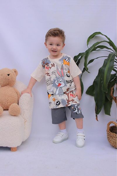 Lolliboomkids الموسم الجديد للأولاد شورت بنمط طباعة شخصية لطيفة بلون الحجر / المدخن - تي شيرت مكون من قطعتين من المجوهرات العلوية السفلية