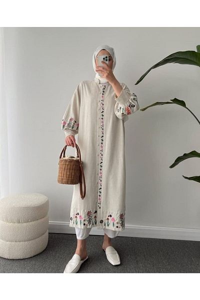 Lavanta Tekstil Κεντημένο Hijab Kimono Φόρεμα Μπεζ Λινό