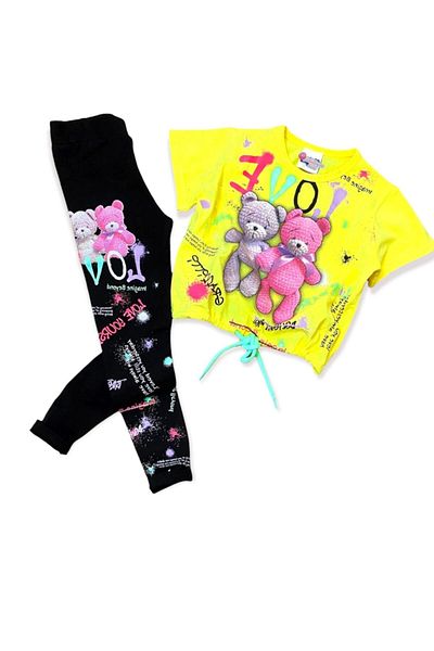 Lolliboomkids Girl's Love Glitter Detailed Amigurimi Teddy Bear Visual Printed Waist Drawstring Crop Tights Set 2 Piece