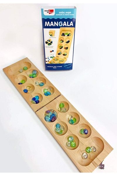 KiddooToyz Natural Wooden Mancala, Beech Mancala with Lid Brain Teaser (GLASS STONES)
